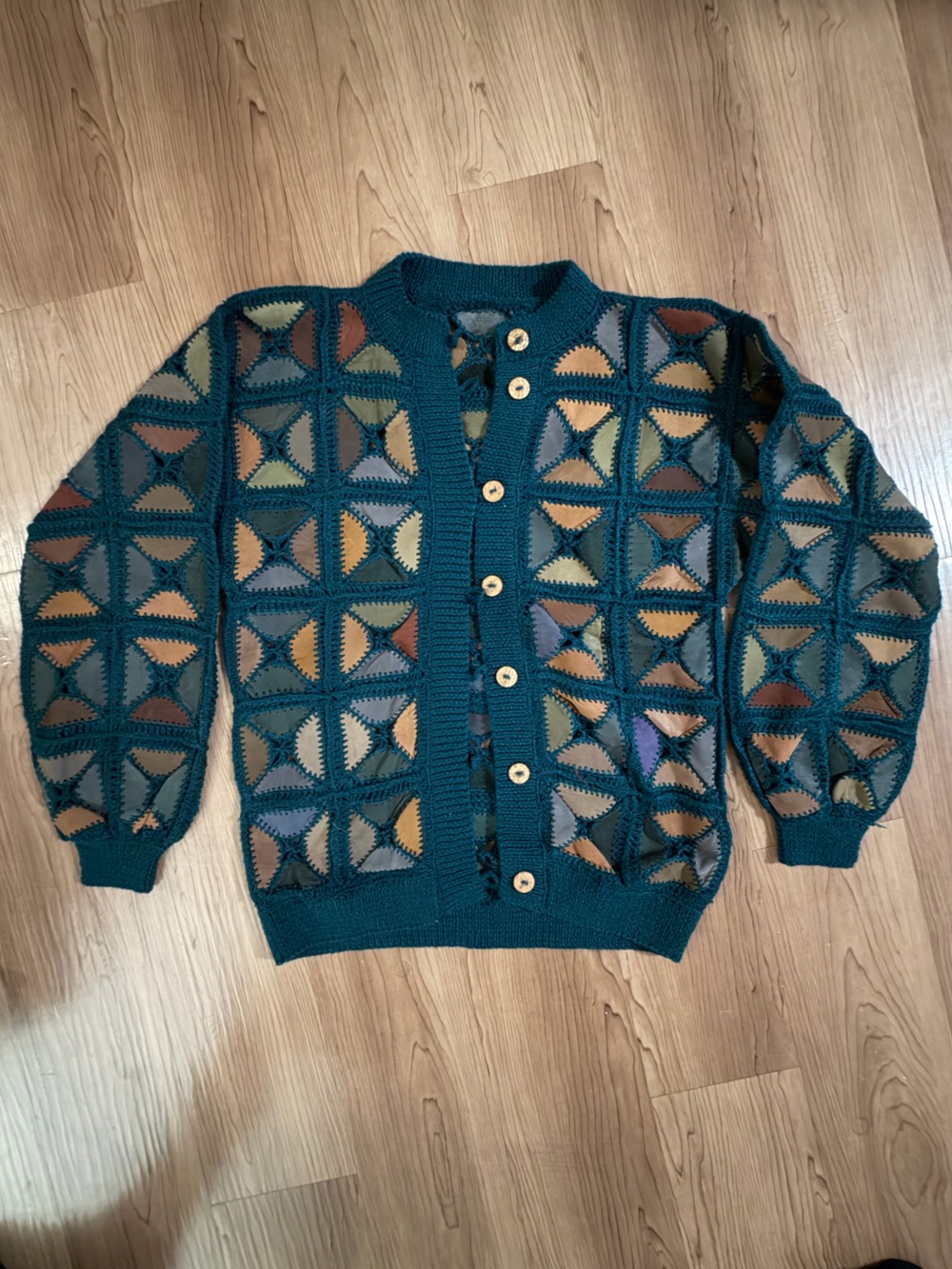 Vintage Hand Crocheted Genuine Leather Patchwork Cardigan Jacket